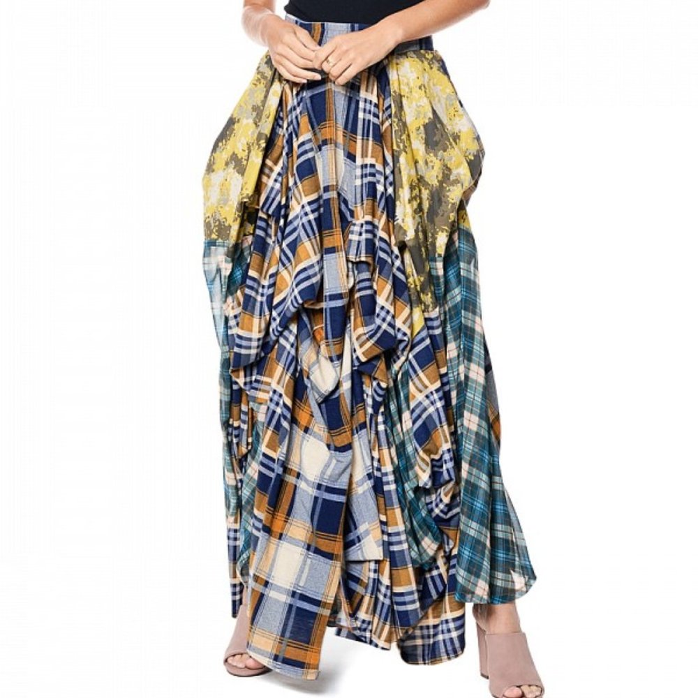 NWT TOV HOLY The Damsel's Yellow Plaid Flowing Maxi Skirt - Picture 4 of 9